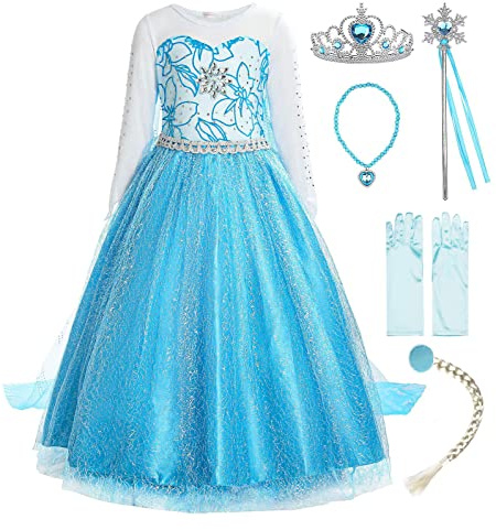 ReliBeauty Mädchen Prinzessin Schneeflocke Süßer Ausschnitt Kleid Kostüme, Blau(mit Zubehör), Karneval Halloween