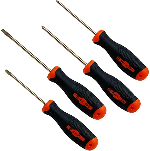 WEDO Lot de 4 tournevis anti-étincelles, tête plate (3 x 75 mm, 4 x 100 mm), tête cruciforme (PH1 75 mm, PH1 100 mm), bronze aluminium, poignée en fibre de verre, tournevis cruciforme et fente