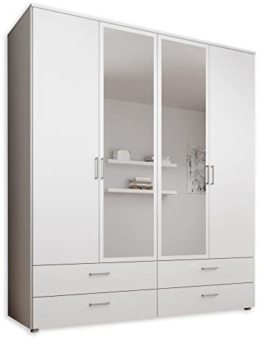SPAZIO Kleiderschrank mit Spiegeltür in Weiß - Vielseitiger Drehtürenschrank 4-türig für Ihr Schlafzimmer - 184 x 199 x 48 cm (B/H/T)