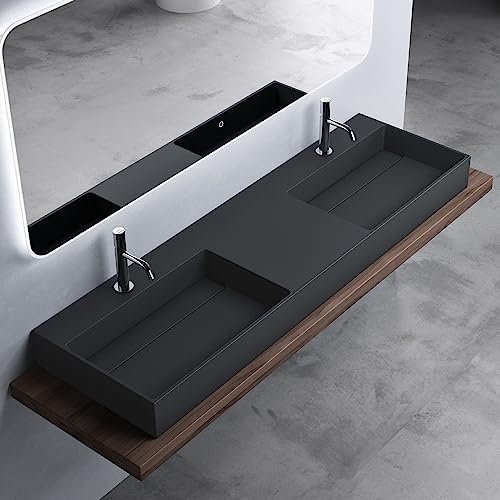 Mai & Mai Waschbecken Aufsatzwaschbecken Hängewaschbecken Col12 Doppelwaschbecken 160x48x13cm Waschtisch Waschplatz in matt Anthrazit aus Mineralguss ohne Überlauf
