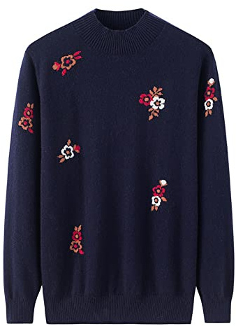 Höst och vinter lös tröja halvkrage hög kashmirtröja för kvinnor stickad broderi kashmirtröja, mörkblå, 4XL