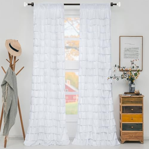 WestWeir White Ruffle Curtains 2 Panels - Shabby Chic Romantic Drapes for Bedroom, Fluffy Aesthetic Backdrop, Farmhouse Décor (W42 inch x L 72 in Set of 2)