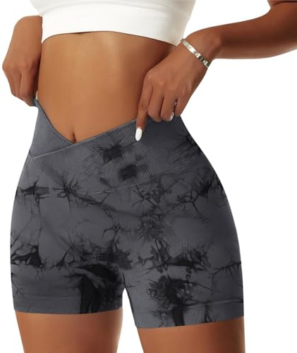 Vertvie Damen Gym Shorts V Cross Stretch Push Up Yoga Shorts Booty Scrunch Fitness Hosen Kurz High Waist Nahtlos Workout Sportshorts Butt Lift Kurze Leggings Sommer (Tie Dye Schwarz, S)