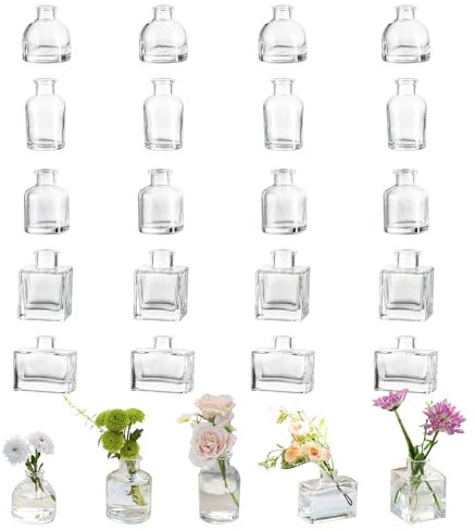 Glasseam Klar Blumenvase Glas Vase, Kleine Vasen Deko, 20er Set Glasvase, Modern Vasen Klein für Wohnzimmer Tisch, Mini Vase Schöne Blumenvasen für Hochzeit Party Home Schlafzimmer Tischdeko