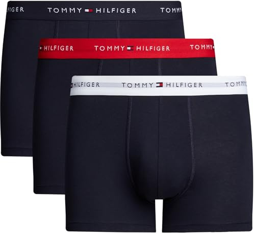 Tommy Hilfiger Calzoncillos bóxer Pack de 3 Hombre Trunks con Logotipo en la Cintura, Multicolor (Primary Red/White/Desert Sky), M