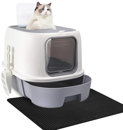 CALIYO Katzenklo mit Deckel – Anti-Geruch Katzentoilette Geschlossen hoher Rand, Katzenklo Groß XXL mit Schublade & Sieb für Große Katzen, Cat Litter Box (53×41×40 cm, Grau-Weiß)
