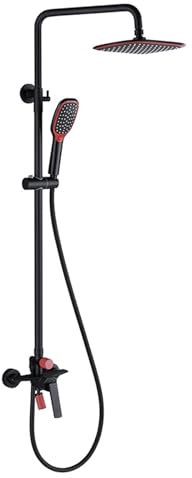 BiaoTeng Colonne de Douche Avec Mitigeur pour Baignoire, Hauteur Réglable 90~120 Cm, Monocommande Sortie D'eau 3 Fonctions Colonne de Douche Laiton, Noir + Rouge