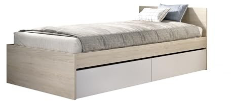 DEKIT GRUPO RIMOBEL Top - Cama de 90X190 con Dos cajones - Blanco/Natural - 67 x 95,8 x 194,8