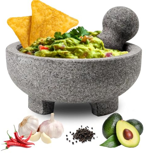 WhiteRhino Ensemble de mortier et pilon, 4 tasses en granit naturel non poli Molcajete Mexicano, bol extra large de 20,3 cm, broyeur en pierre de motar pour guacamole, salsa, épices, herbes,