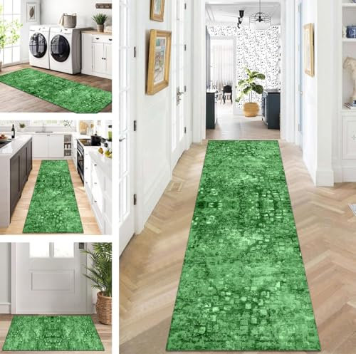 ZUZEKU Teppich Läufer Lang Flur Küche rutschfest waschbar Teppichmatten Modern Design Küchenläufer Grün 60X250cm Küchenteppich Meterware Esszimmer Schlafzimmer Wohnzimmer Schmutzfangmatte