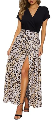 Newshows Womens Summer Dress Casual Vacation Short Sleeve V Neck Boho Beach Long Maxi Dresses Black Leopard Print,M