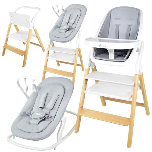 Twinly - Baby Hochstuhl Set 5in1: multifunktional Alaia, Lernturm, Kinderstuhl - ab Geburt 0m+ - Faltbar und ergonomisch aus Buchenholz – Abnehmbare Tischplatte und Sicherheitsgurt