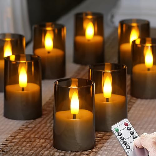 Zevanor Flammenlose kleine LED-Kerzen, Acryl batteriebetrieben 4,3 cm x 6,5 cm mit Fernbedienung und Timerfunktion, Grau flackernd warmes Licht Set von 8 elektrisch langlebig