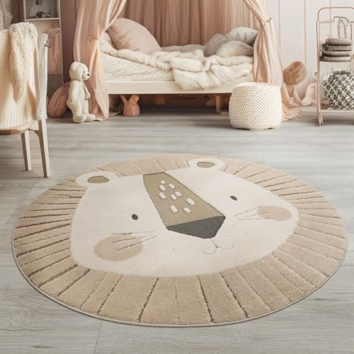 TT Home Kinderteppich Rund, Spielteppich Erdtöne, 3D Design Löwen, Robust & Modern für Jungen und Mädchen, Größe:160 cm Rund