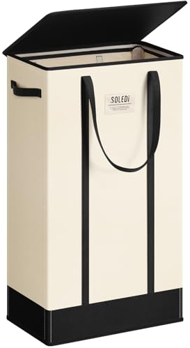 SOLEDI Slim Laundry Basket with Lid, 75L Collapsible Laundry Baskets with Handles Easy to Carry, Washing Basket Clothes Hamper Perfect for Compact Spaces like Bedrooms, Bathrooms, Dorms, RVs (Beige)