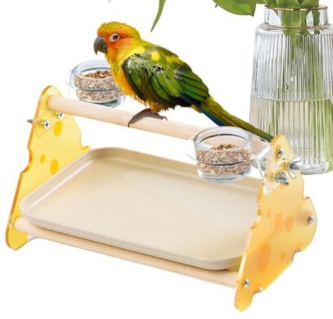 Bird Barch Stand – fågelperukstativ, bordsskiva – papegojställ | Fågellekplats med bricka, bärbar fågellekplats med koppar, träbord – fågelperukstativ, papegojor – bord