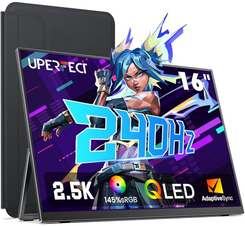 UPERFECT Monitor Portátil 2.5K 240Hz, 16 0.1ms 100% DCI-P3 QLED | 400 Nits FreeSync Monitor for Laptop w/Stand & VESA, Adaptive Sync HDMI 2.1 Pantalla Externa para PC Phone Consola de Juegos