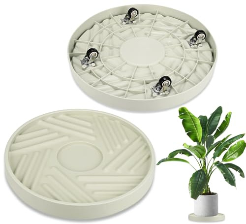 M METERXITY 2PCS Round Planter Caddies, 14 Inches Plastic Plant Roller with Wheel, Plant Saucers for Indoors, Plant Stand for Flower Pots [Beige]