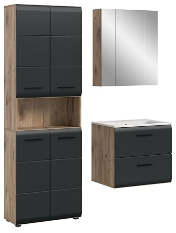 xonox.home – 3 TLG. Kompakte Badkombination Ice 135x185x46 cm in Korpus Nox Oak Nachbildung und Front schwarz matt – Stilvolles Möbel-Set für Moderne Badezimmer – pflegeleicht & funktional
