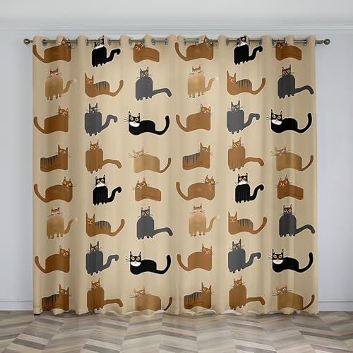 Simple Net Curtains for Windows Cat Blackout Curtains, 3D Printed Drape Insulated Curtains, 2 Pack with Hooks, Removable and Washable for Bedroom Living Room Kitchen Pavilion