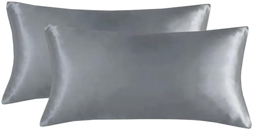 Seidenkissenbezug 2er-Set Kissenbezug Seiden Kopfkissenbezug mit Reißverschluss Kissenbezüge Atmungsaktiv Kissenhülle Resistent und Hypoallergen(Dunkelgrau,20x40 Inch Set of 2)