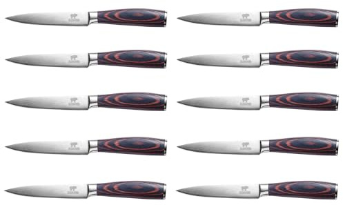 BEEFSTONE Juego de 10 cuchillos para bistec, cuchillos de chef profesionales, mango ergonómico de madera, hoja lisa, juego de cuchillos de cocina para carne