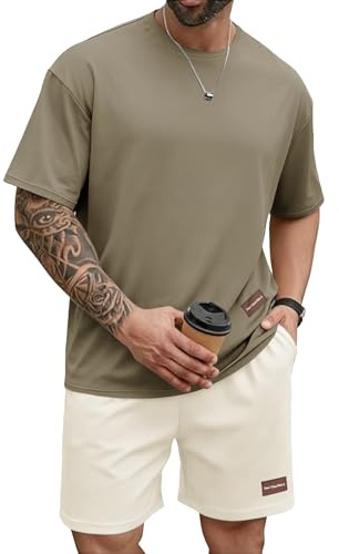 Remxi Herren Kurzarm Trainingsanzug 2 Teiler Set Casual T-Shirt Kurze Hose mit Taschen Sommer Jogginganzug für Männer Tracksuit