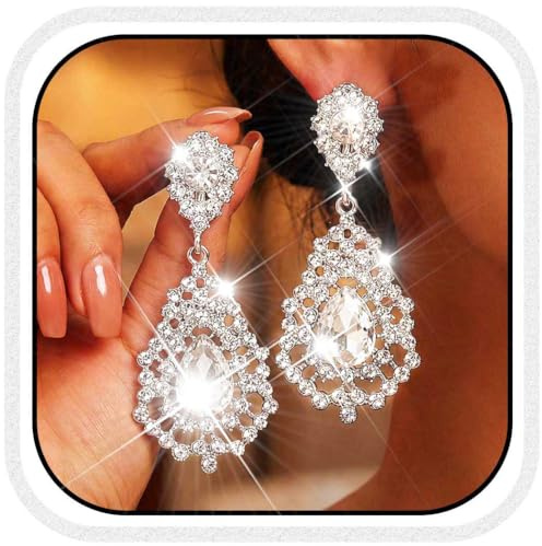 Catery Rhinestone Earrings Silver Teardrop Earrings Dangle Jewelry for Women (Silver)