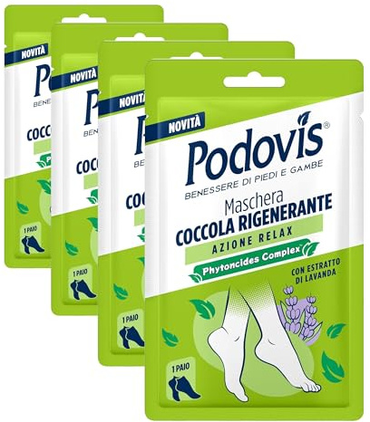Podovis, Maschera Piedi Coccola Rinfrescante - Maschera Rilassante, Effetto Impacco, Sollievo per Piedi Stanchi e Pesanti, con Aloe Vera ed Estratto di Lavanda, 1 Paio (Confezione da 4)