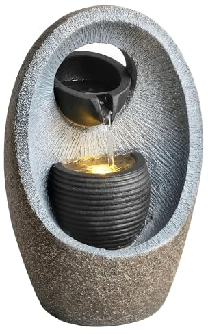 Outsunny Water Feature with 2-Tier Bowls, Indoor Outdoor Garden Water Fountain with Pump and LED Lights, Freestanding Resin Cascading Waterfall for Patio, Garden, Terrace, Porch, Home, Grey