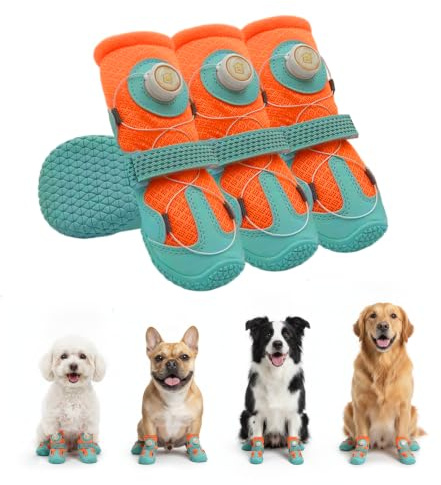 UIQELYS Quick-Fit Rotary Dial Breathable Dog Boots-4pcs, #2 | Non-slip sole for hiking & hot pavement; Vibrant orange; Innovative rotary dial system; Breathable mesh; Summer