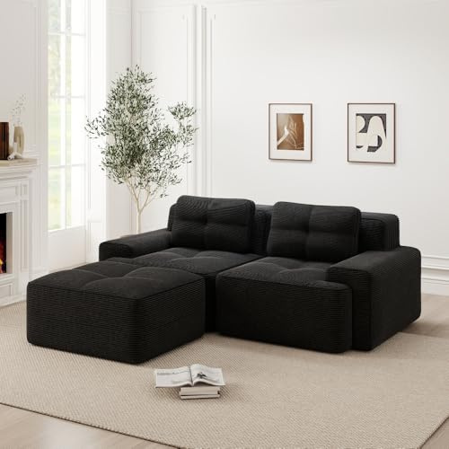 Hmluxury Modernes L-förmiges Modulsofa für das Wohnzimmer, Boneless Cloud-Sofa mit Tiefsitz und Ottoman, bequemes Cord-Couch-Schlafsofa, Schwarzes getuftetes Zweisitzer-Sofa