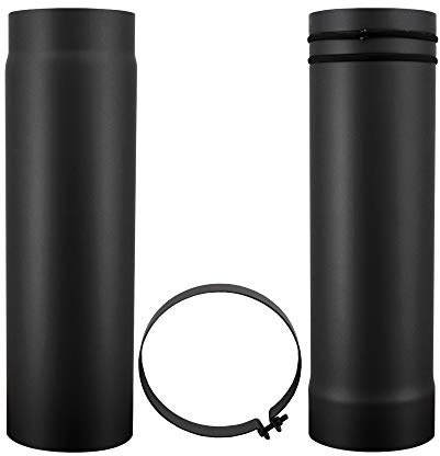 LANZZAS Tubo telescopico per stufa, 570 mm fino a 950 mm, diametro Ø 150 mm, colore: nero, tubo scorrevole regolabile, con anelli di tenuta e fascetta