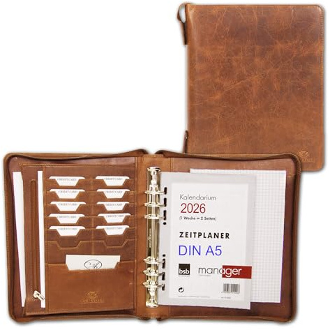 ALMADIH Leder A5 Organizer Ringmechanik Reißverschluss Kalender 2026 Schreibblock Premium Rindsleder Deluxe Ledermappe Terminplaner Systemplaner Schreibmappe Konferenzmappe Mappe braun (A5-O-D)