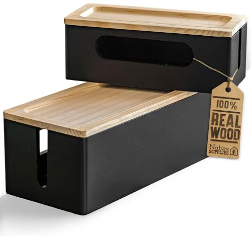 Nature Supplies Set Scatole Raccogli Cavi in Legno di Pino - 1 Scatola Coprifili Media da Scrivania, 1 Cable Box Nascondi Fili Grande da Pavimento (Nero)