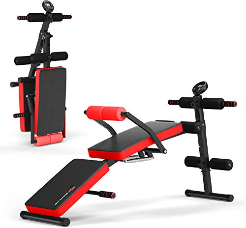 Goplus Adjustable Sit Up Bench, Foldable Utility Weight Bench w/LCD Monitor Flat/Incline/Decline Exercise Multi-Purpose Bench for Home, Gym and Office (Red)
