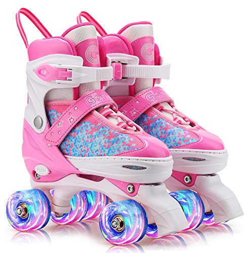 Gonex Pattini a Rotelle per Bambina Bambini Ragazzi Ragazze Principianti, Pattini Regolabili con 4 Ruote Illumina LED(Rosa, S)