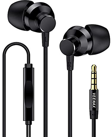 VEENAX M2 Auricolari con Filo, Cuffie In-Ear con Microfono, Cuffiette con Filo e Bassi Potenti, Auricolare Stereo con Cavo per Telefono Cellulare Smartphone Computer PC Tablet MP3, Jack 3,5 mm, Nero