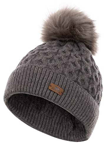 Trespass Womens Hat Beanie Cable Knit with Pompom Freja Dark Grey