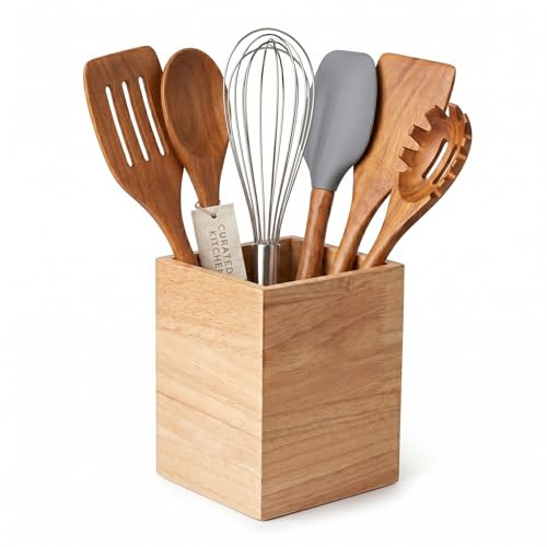 Eitida Solid Rubber Wood Kitchen Utensil Holder – Natural Beige Storage for Cutlery, Silverware, Spoons, Spatulas & Cooking Tools – Stand on Tabletop, Soft Padded Bottom, 12.7cm x 12.7cm x 16.5 cm