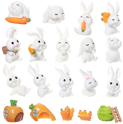 Queekay 20 Pcs Easter Bunny Figurines Resin Cupcake Toppers Decorative Bunny Lovely Figures Mini Rabbit Decorations Garden Carrot Miniature Party Decor for Easter Party Birthday Supplies