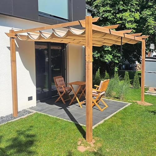 PURPLE LEAF Pergola Aluminium 4 x 3 m Pergola Jardin Extérieur Finition Teck, Toile Coulissante Rétractable, Tonnelle Imperméable, Barbecue Extérieur, Pavillon de Jardin, Kaki