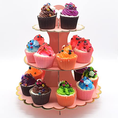 Timkumon Alzata per cupcake a 3 livelli, in cartone, usa e getta, per feste, matrimoni, compleanni, colore oro rosa