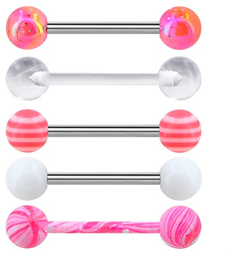 CM Crareesi Mania Acrylic Tongue Bars 5PCS Tongue Barbells Soft Acrylic 14G Tongue Rings for Girls and Women Tongue Piercing Jewellery