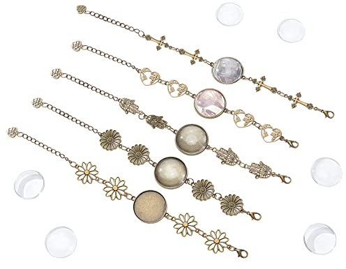 PandaHall 5 STÜCKE Armband Blanko Lünette Fassungen Für Die Schmuckherstellung Legierungs Weinlese Retro Cabochon Armbänder Runder Cabochon Behälter Mit 10pcs 25mm/1 Zoll Transparenten Cabochons