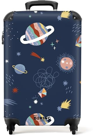 NoBoringSuitcases© Kinderkoffer Geschenk Junge Handgepäck Koffer Klein | 55x40x20 cm - Hartschalenkoffer Trolli Kinder - Weltraum - Planeten - Blau - Koffer kinder Jungen Trolley,