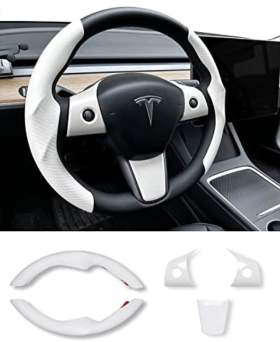 Uxcer Tesla Model 3 / Y Steering Wheel Cover, Carbon Fiber Tesla Steering Wheel Protector Cover & ABS Steering Wheel Wrap Kit for 2016-2024 Tesla Model 3 / Y Accessories White, Gifts for Tesla Owners