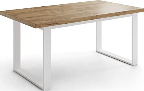 WFL GROUP Rechteckiger Loft Esstisch Für Wohnzimmer - Loft Stil Industriell Esstisch Mit Weißen Metallfüßen - Ausziehbarer von 140 cm bis 180 cm - Made in EU - Wotan Eiche