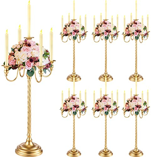 Tanlade 6 Pack Wedding Gold Candelabra Table Centerpieces 28 inch Tall Candelabra Metal Candle Holder 5 Arm Taper Candlestick Flower Floor Candle Stand for Anniversaries Easter Birthday Holiday Party