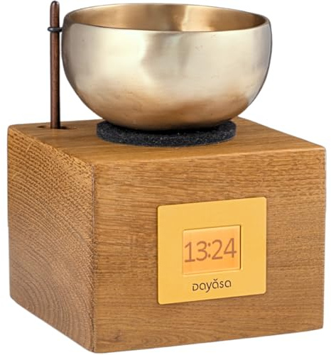 DAYASA Klangschalenuhr Kaala Eiche gelaugt | Handgefertigte Meditationsuhr mit Klangschale | Zen Wecker - Klangschalenwecker und Meditationstimer